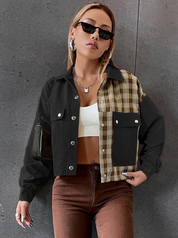Bi Patterns With Plaid Print Cropped Jacket