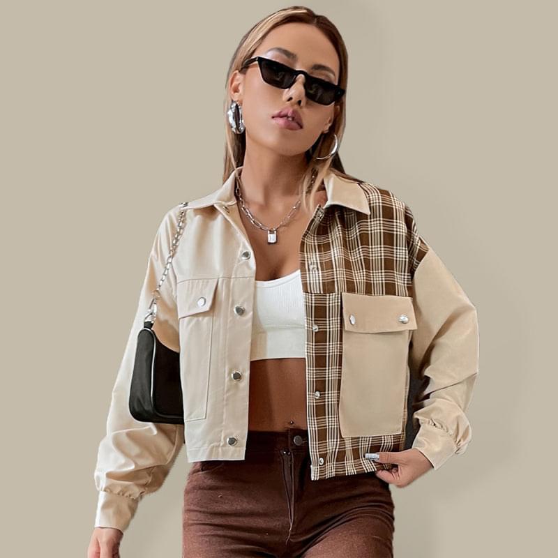 Bi Patterns With Plaid Print Cropped Jacket