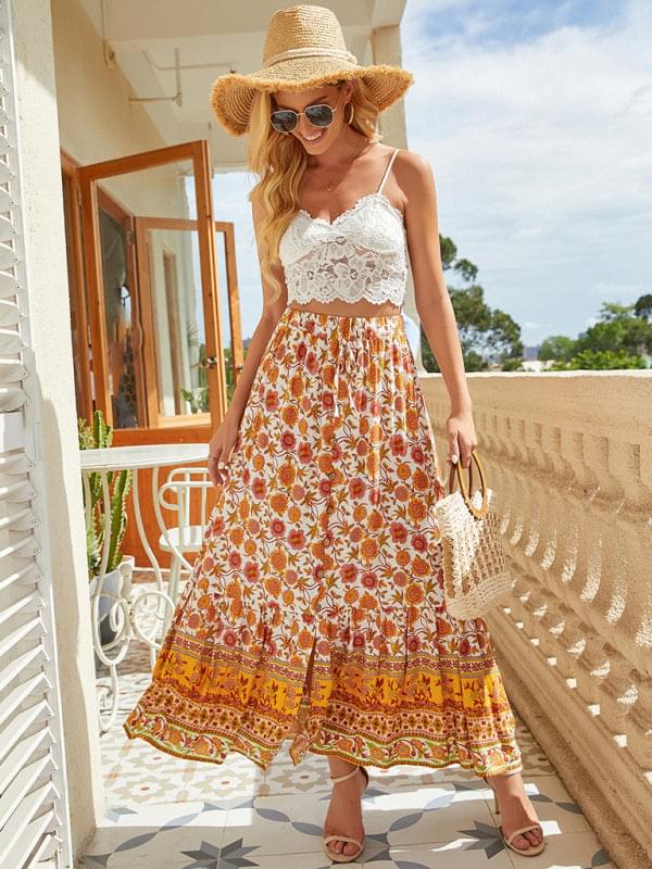 Bohemian Print Elastic Waist Tie Tiered Maxi Skirt