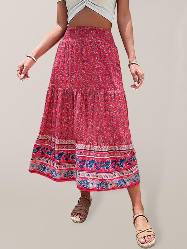 Bohemian Print Pull-on Tiered Linen Blend Maxi Skirt