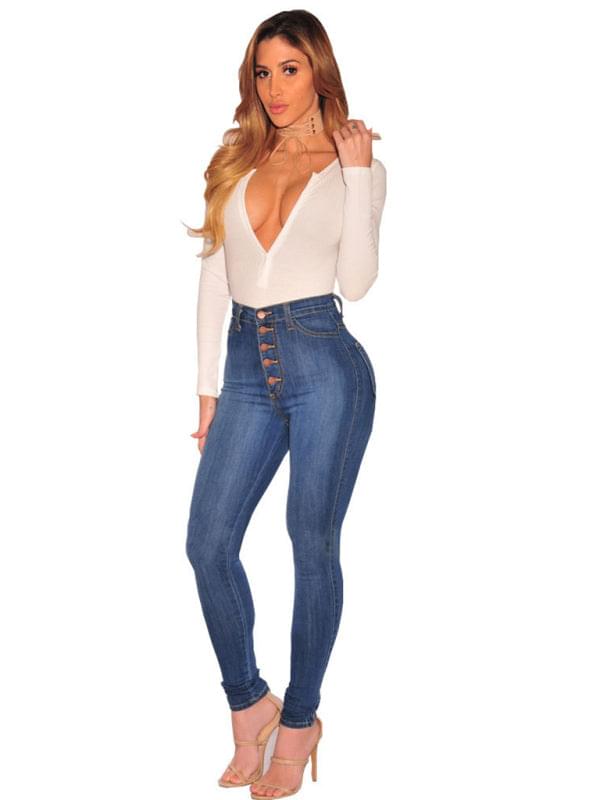 Button Blouse High Waist Ankle Skinny Jeans