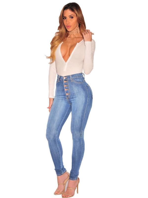 Button Blouse High Waist Ankle Skinny Jeans