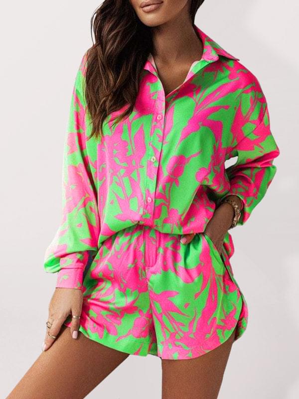 Bright Printed, Long Sleeve Notch Collar Top and Short Set