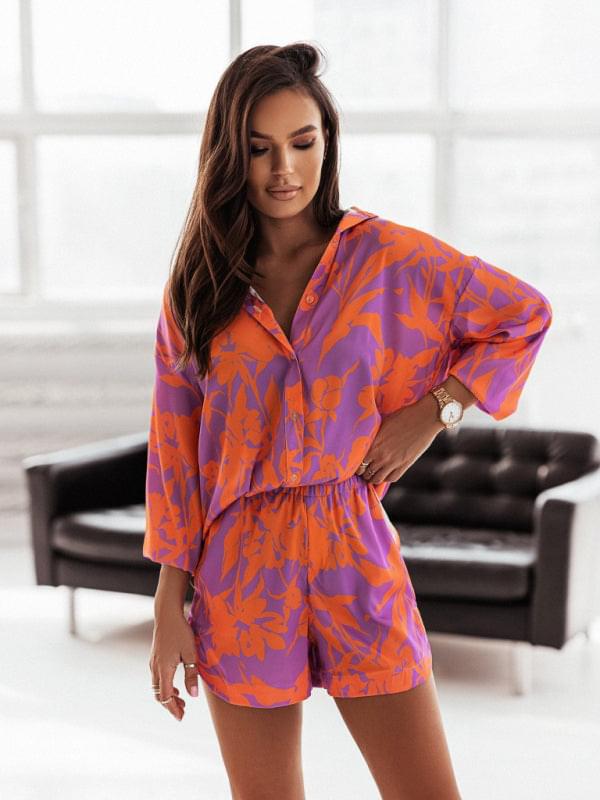 Bright Printed, Long Sleeve Notch Collar Top and Short Set