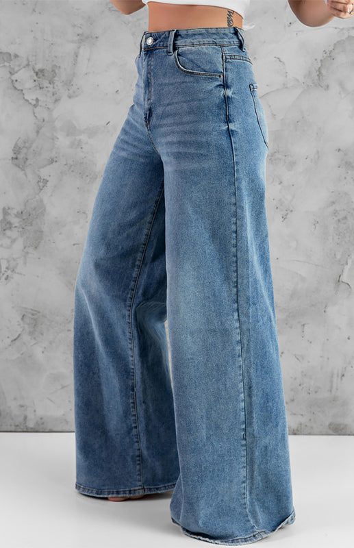 Sky Blue Vintage Wash Casual Wide Leg Jeans