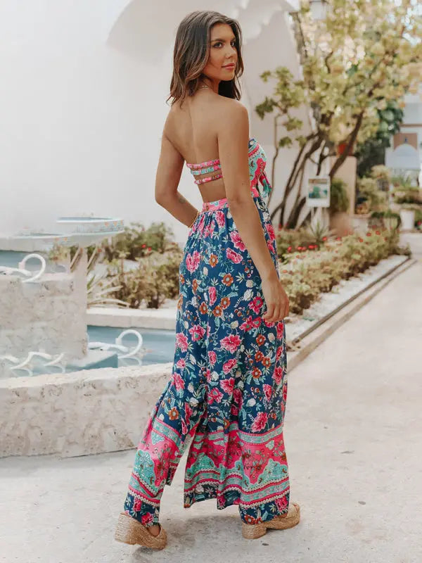 Bohemian Print Cutout Tube Strapless Bow Tie Jumpsuit - Serenity Land fashion