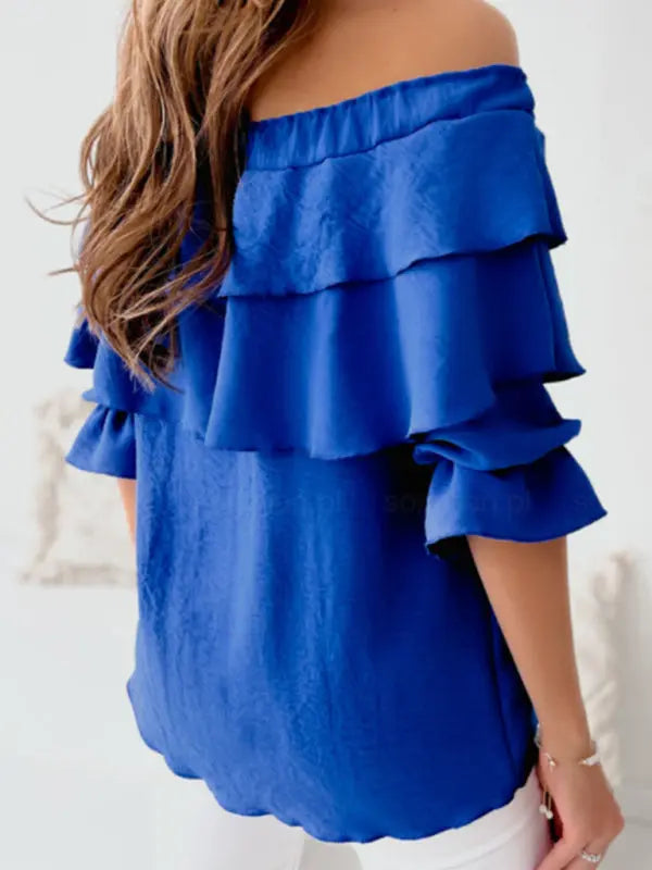 3/4-sleeves Double-ruffled Off-the-shoulder Tie-neck Blouse - Serenity Land fashion