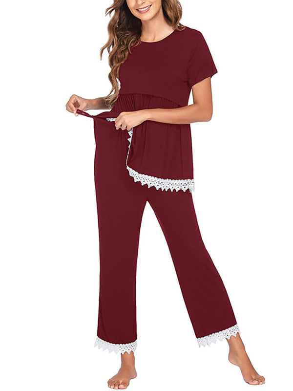 Women's splicing lace lactation pajama suit - Serenity Land fashion