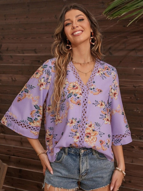 V-neck printed patchwork lace flared sleeve top - Serenity Land fashion