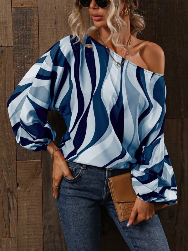 Print One Shoulder Loose Balloon Sleeve Top - Serenity Land fashion