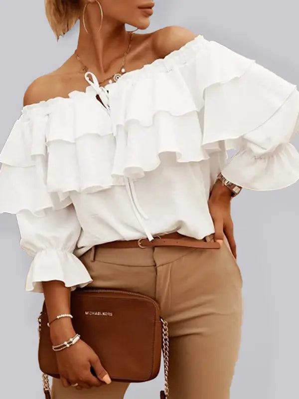 3/4-sleeves Double-ruffled Off-the-shoulder Tie-neck Blouse - Serenity Land fashion