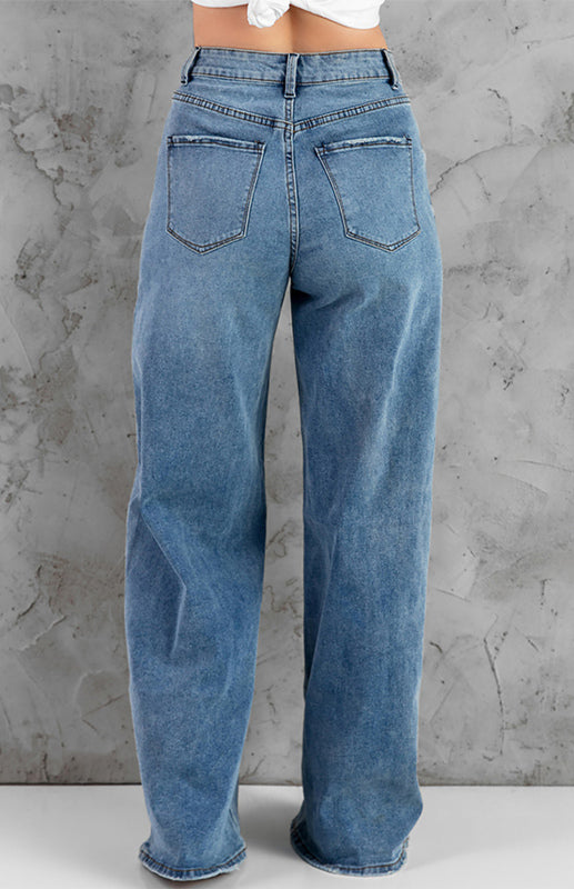 Sky Blue Vintage Wash Casual Wide Leg Jeans