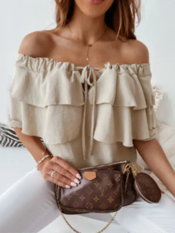 3/4-sleeves Double-ruffled Off-the-shoulder Tie-neck Blouse - Serenity Land fashion