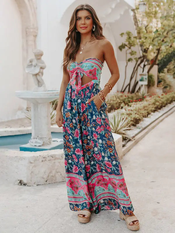 Bohemian Print Cutout Tube Strapless Bow Tie Jumpsuit - Serenity Land fashion