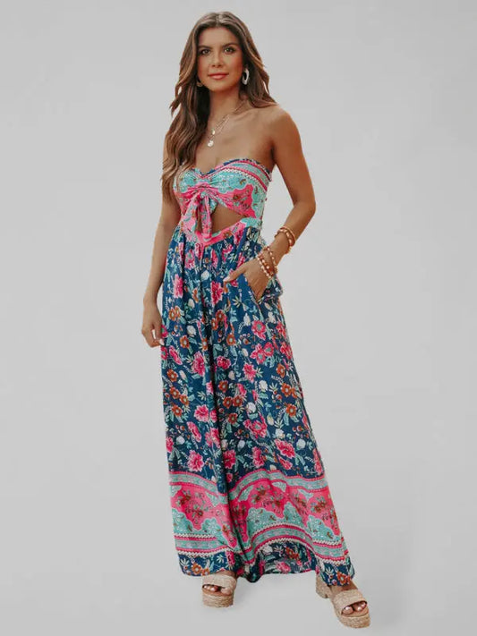 Bohemian Print Cutout Tube Strapless Bow Tie Jumpsuit - Serenity Land fashion