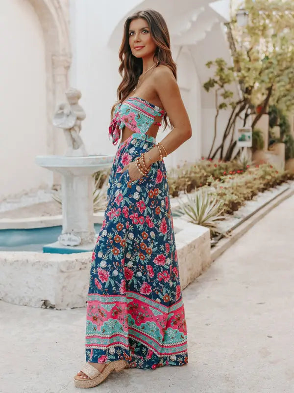 Bohemian Print Cutout Tube Strapless Bow Tie Jumpsuit - Serenity Land fashion