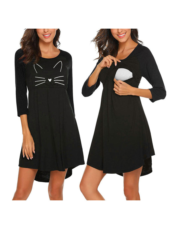 Women's  cat print 9 / 4 sleeve round neck maternity dress - Serenity Land fashion
