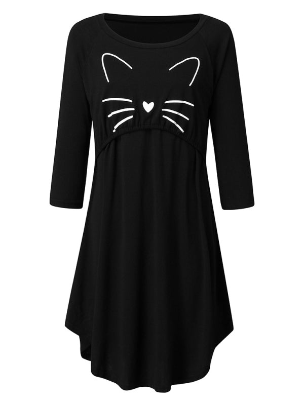 Women's  cat print 9 / 4 sleeve round neck maternity dress - Serenity Land fashion