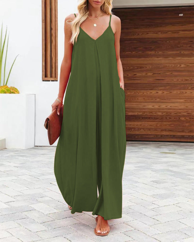 New cross-border solid color side pocket casual jumpsuit - Serenity Land fashion