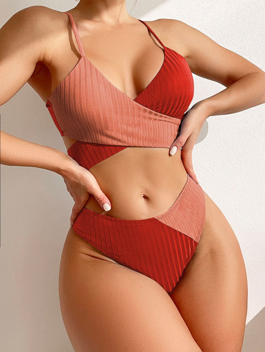 Color Block Cross Front High Waist Bikini Set - Serenity Land fashion