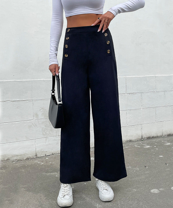 Solid Color High Waist Double Button Wide Leg Trousers