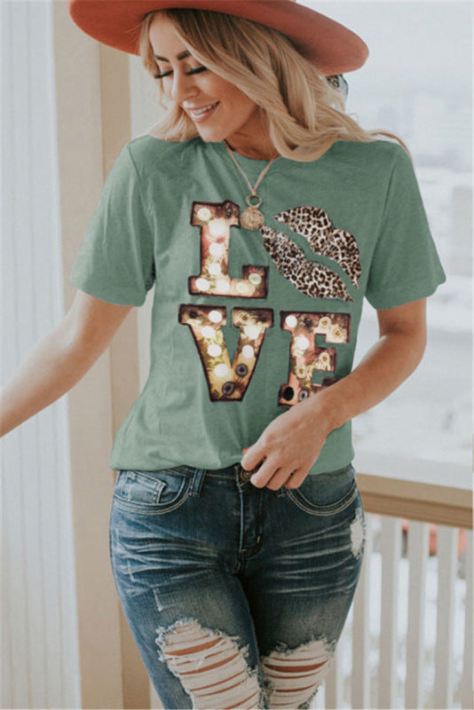 Short Sleeve Leopard Lips Crew Neck Print T-Shirt - Serenity Land fashion