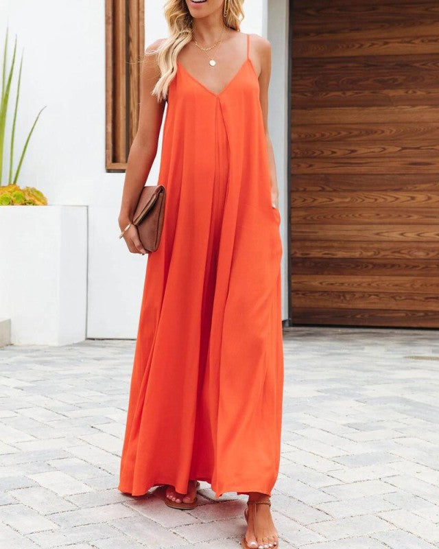 New cross-border solid color side pocket casual jumpsuit - Serenity Land fashion