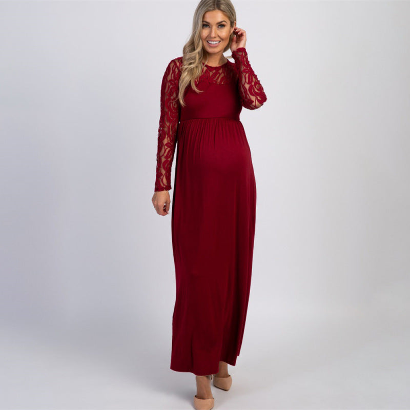 Lace Adorned Neckline Long Sleeve Maxi Maternity Dress - Serenity Land fashion
