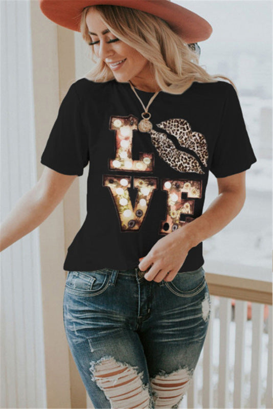 Short Sleeve Leopard Lips Crew Neck Print T-Shirt - Serenity Land fashion