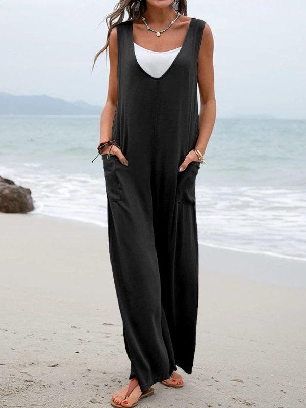 Solid color patch pocket  jumpsuit with wide leg - Serenity Land fashion