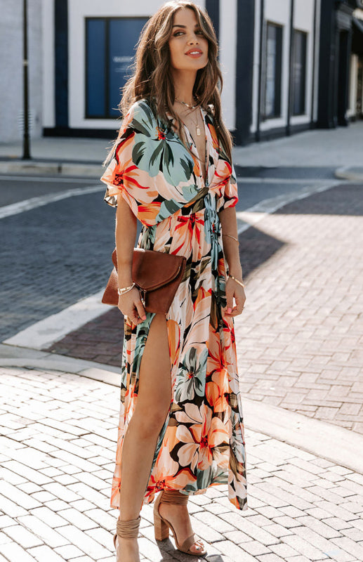 Split Floral Kimono Long Dress - Serenity Land fashion