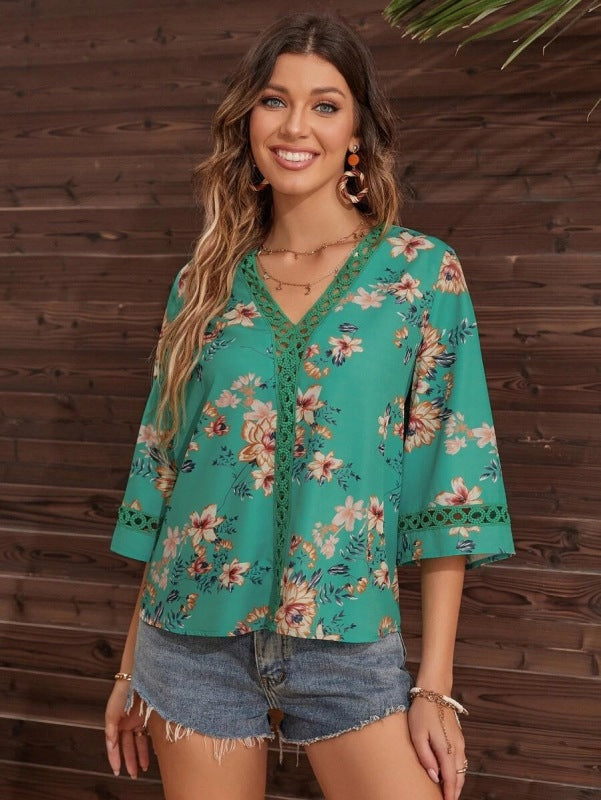V-neck printed patchwork lace flared sleeve top - Serenity Land fashion