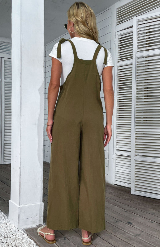 Solid color wide-leg cotton and linen overalls - Serenity Land fashion