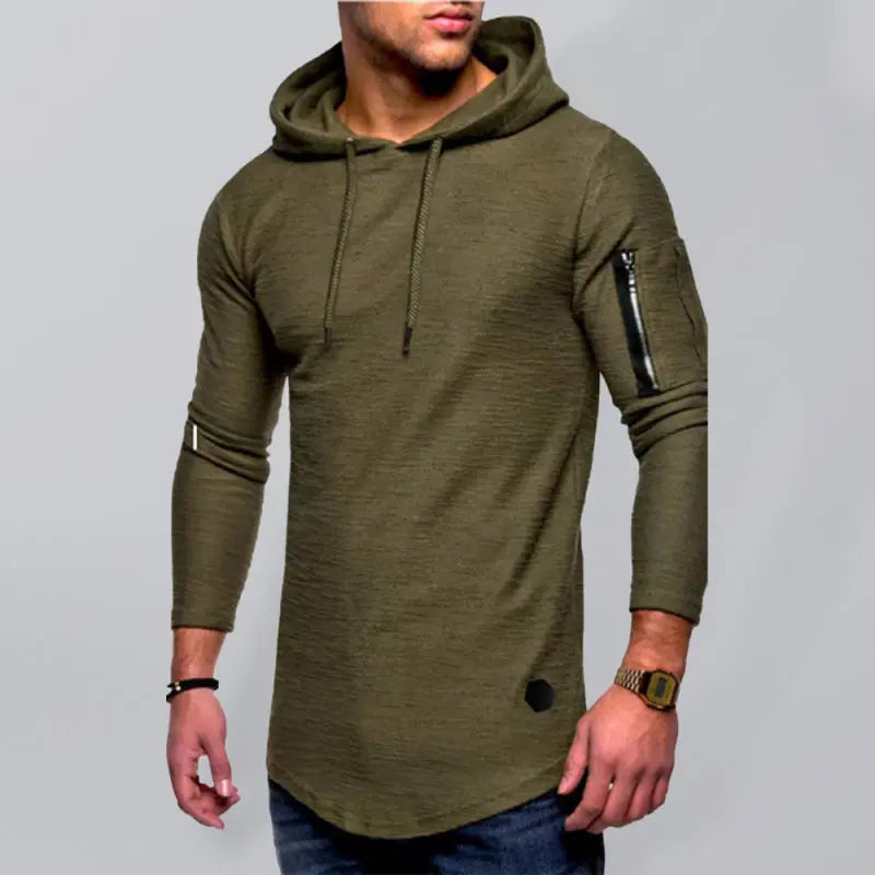 Army Green Arm Zip Pocket Pullover Hoodie - Serenity Land fashion