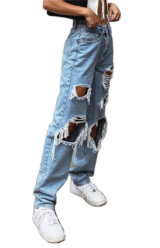 Ripped Wash Style Denim Jeans - Serenity Land fashion