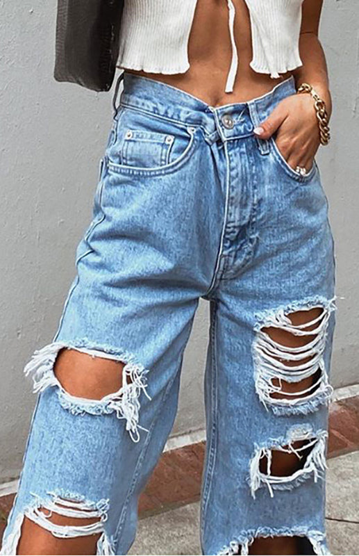 Ripped Wash Style Denim Jeans - Serenity Land fashion