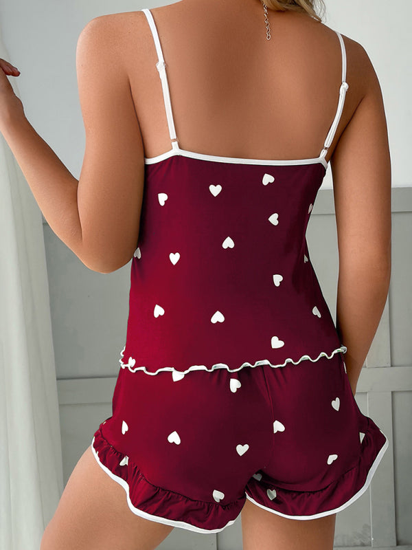 Heart Print Camisole + Shorts Pajamas Two-Piece Set - Serenity Land fashion