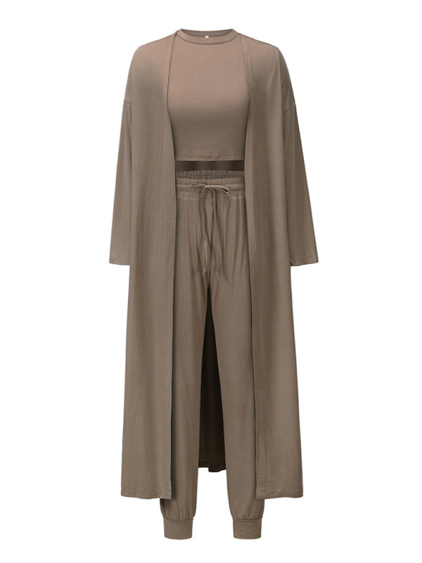 Solid Color Knitted Jacket + Vest + Trousers Home Three Sets - Serenity Land fashion