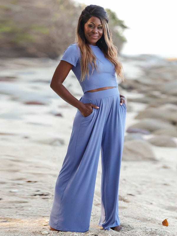 Solid color round neck short-sleeved T-shirt + trousers two-piece set - Serenity Land fashion