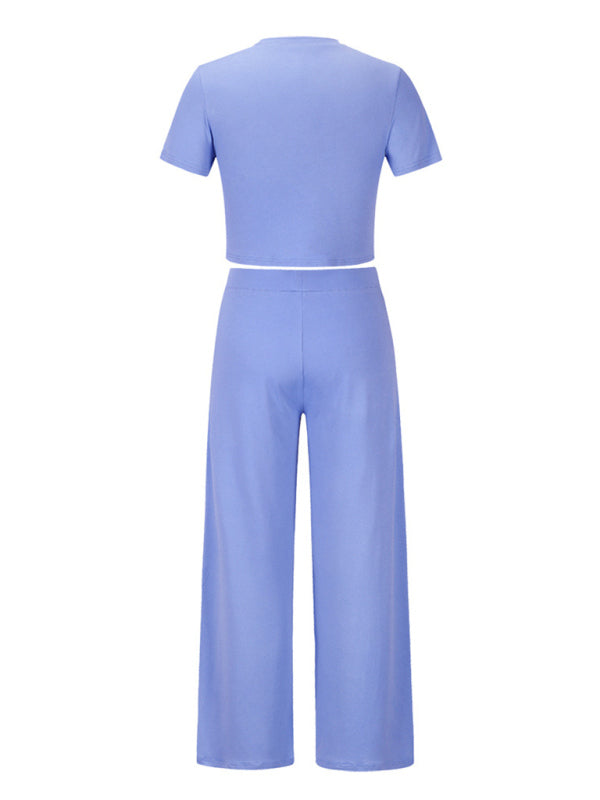Solid color round neck short-sleeved T-shirt + trousers two-piece set - Serenity Land fashion