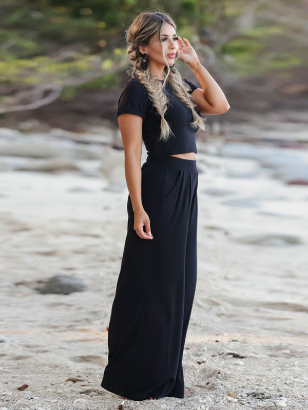 Solid color round neck short-sleeved T-shirt + trousers two-piece set - Serenity Land fashion