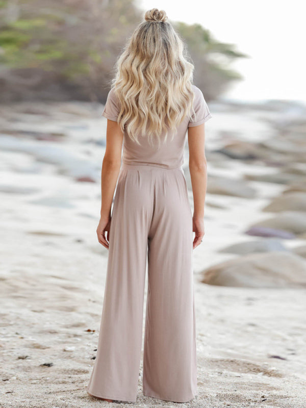 Solid color round neck short-sleeved T-shirt + trousers two-piece set - Serenity Land fashion