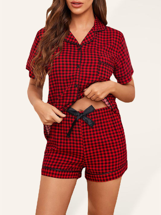 Plaid Short Sleeve Shorts Homewear Set - Serenity Land fashion