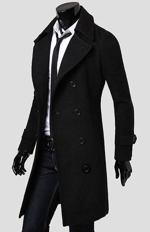 Men's Double Breasted Long Simple Wool Coat - Serenity Land fashion
