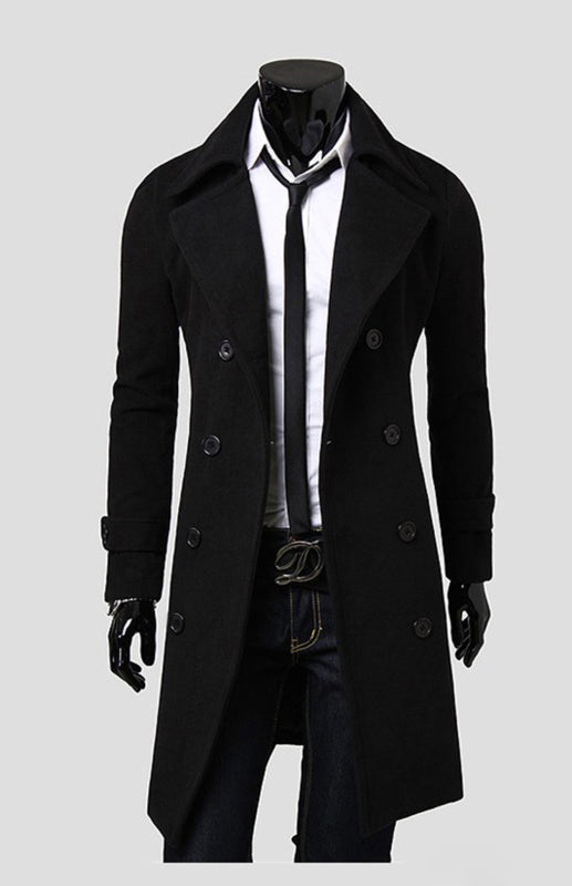 Men's Double Breasted Long Simple Wool Coat - Serenity Land fashion