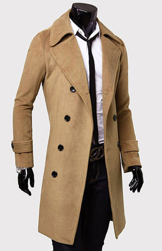 Men's Double Breasted Long Simple Wool Coat - Serenity Land fashion