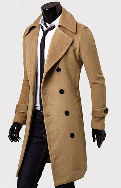 Men's Double Breasted Long Simple Wool Coat - Serenity Land fashion