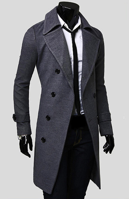 Men's Double Breasted Long Simple Wool Coat - Serenity Land fashion
