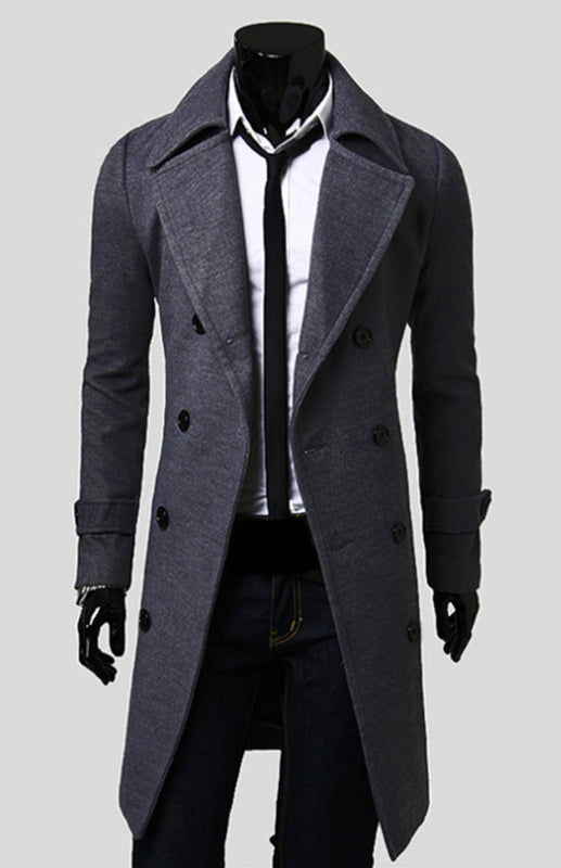 Men's Double Breasted Long Simple Wool Coat - Serenity Land fashion