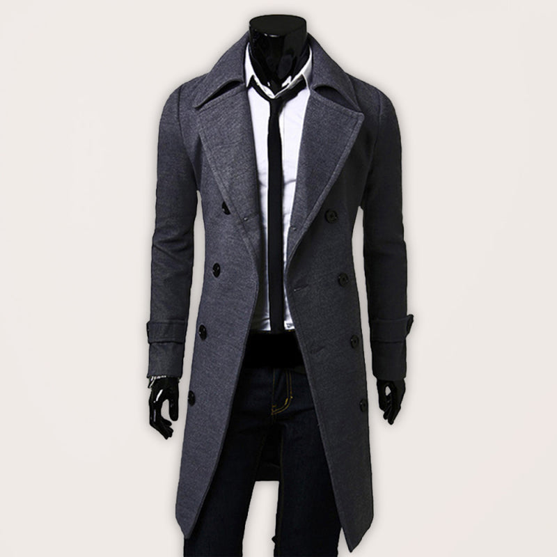 Men's Double Breasted Long Simple Wool Coat - Serenity Land fashion